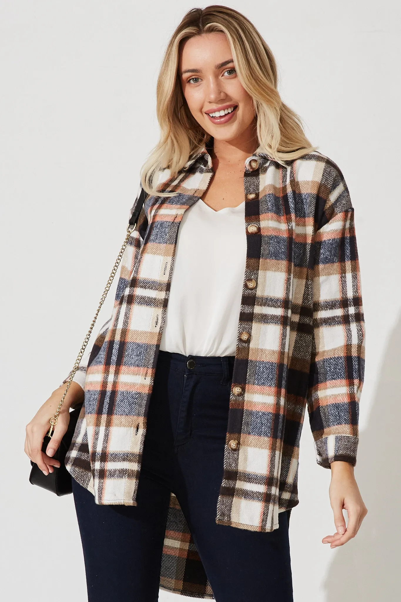 Falcon Shacket In Navy With Brown And Orange Check