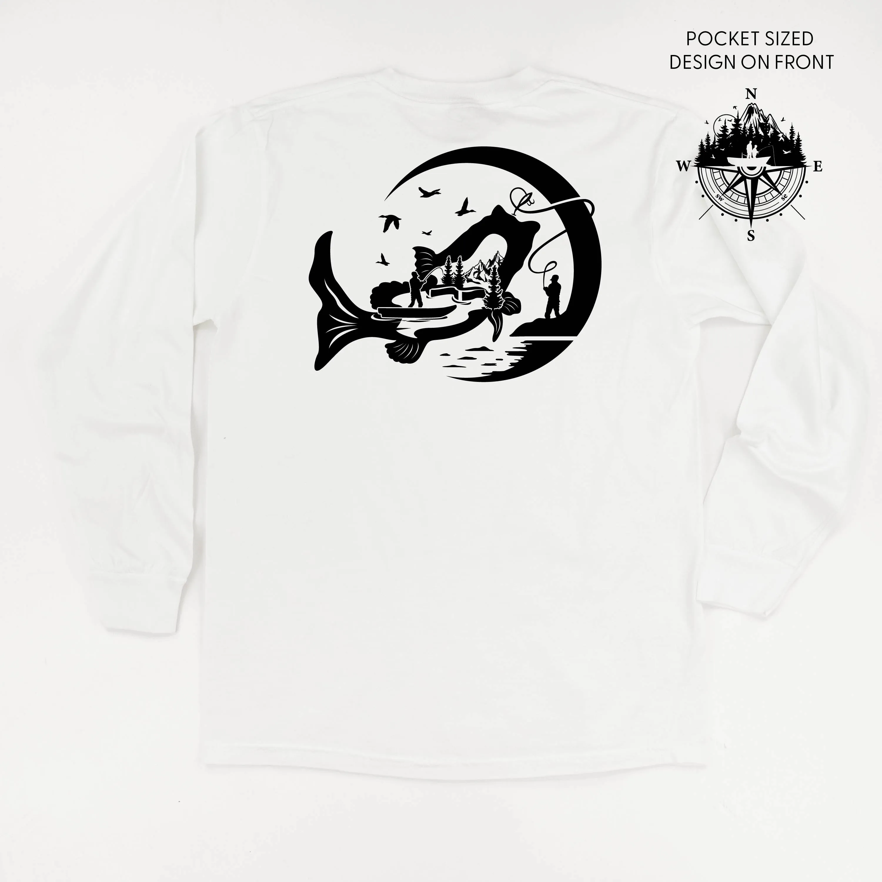 Fishing Compass Pocket Design on Front w/ Fishing Scene on Back - LONG SLEEVE COMFORT COLORS TEE