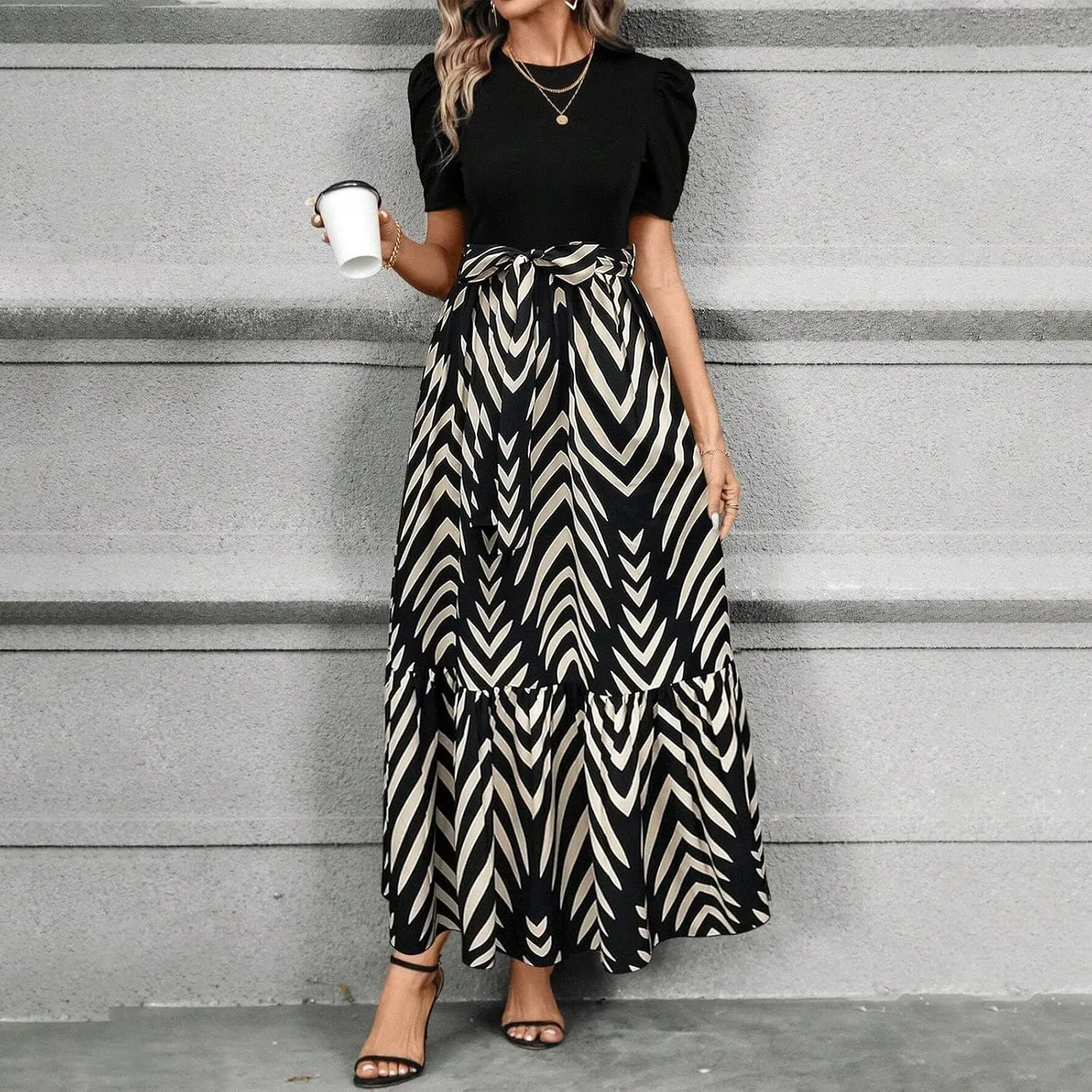 Floral Dress for Women Summer Puff Sleeve Patchwork Empire Waist Maxi Dresses Graduation Belt Crewneck Boho Sundress