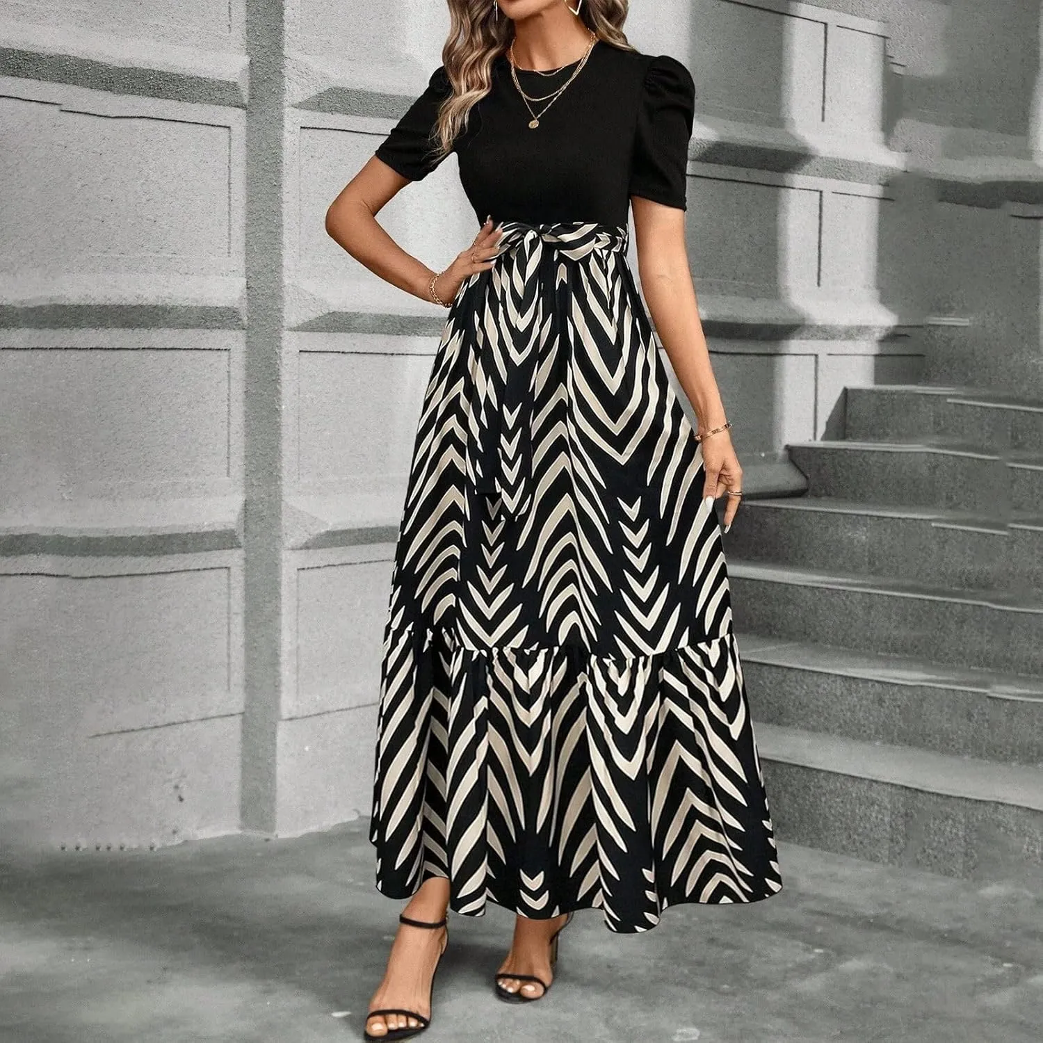 Floral Dress for Women Summer Puff Sleeve Patchwork Empire Waist Maxi Dresses Graduation Belt Crewneck Boho Sundress