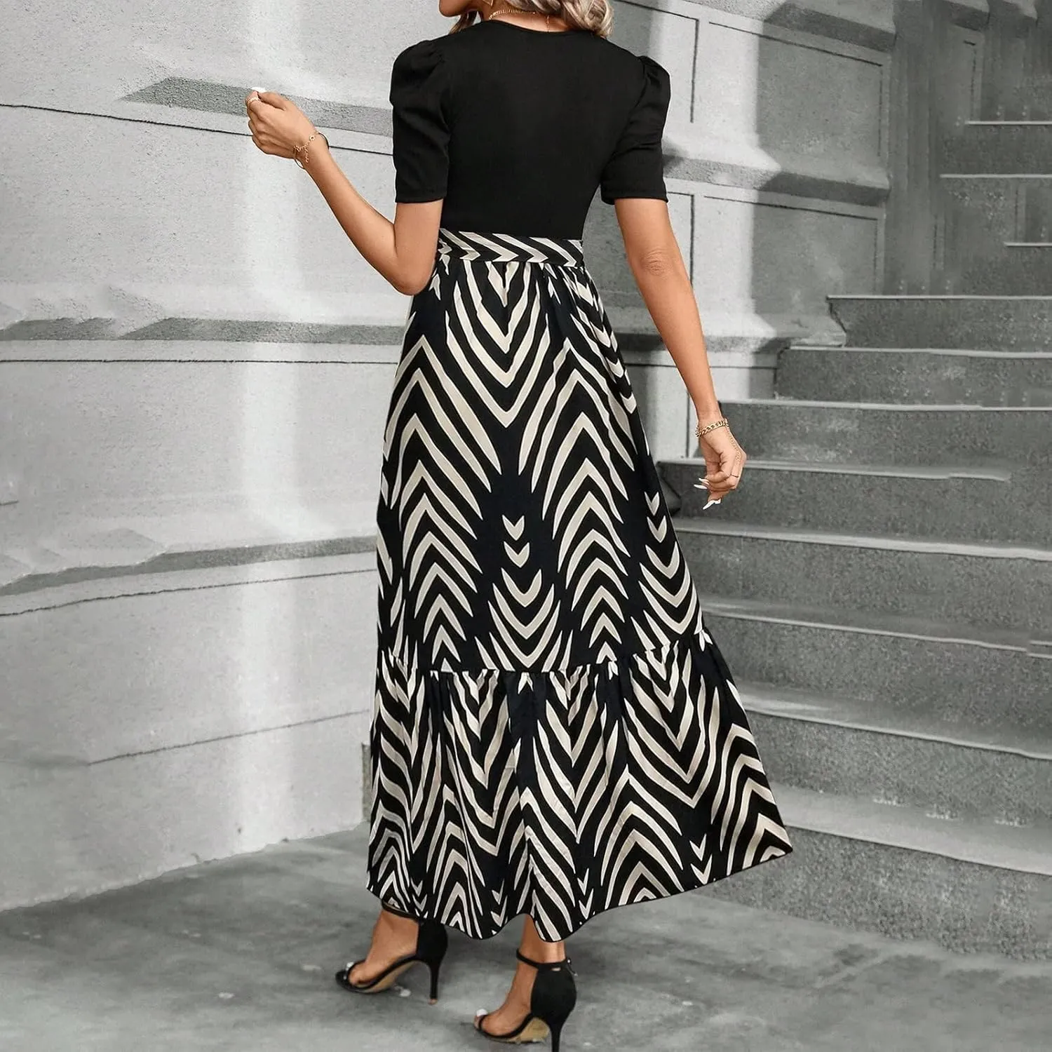 Floral Dress for Women Summer Puff Sleeve Patchwork Empire Waist Maxi Dresses Graduation Belt Crewneck Boho Sundress