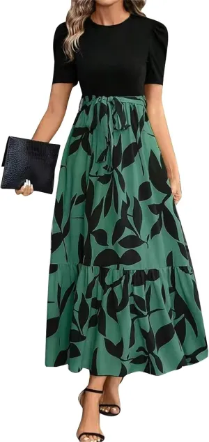 Floral Dress for Women Summer Puff Sleeve Patchwork Empire Waist Maxi Dresses Graduation Belt Crewneck Boho Sundress