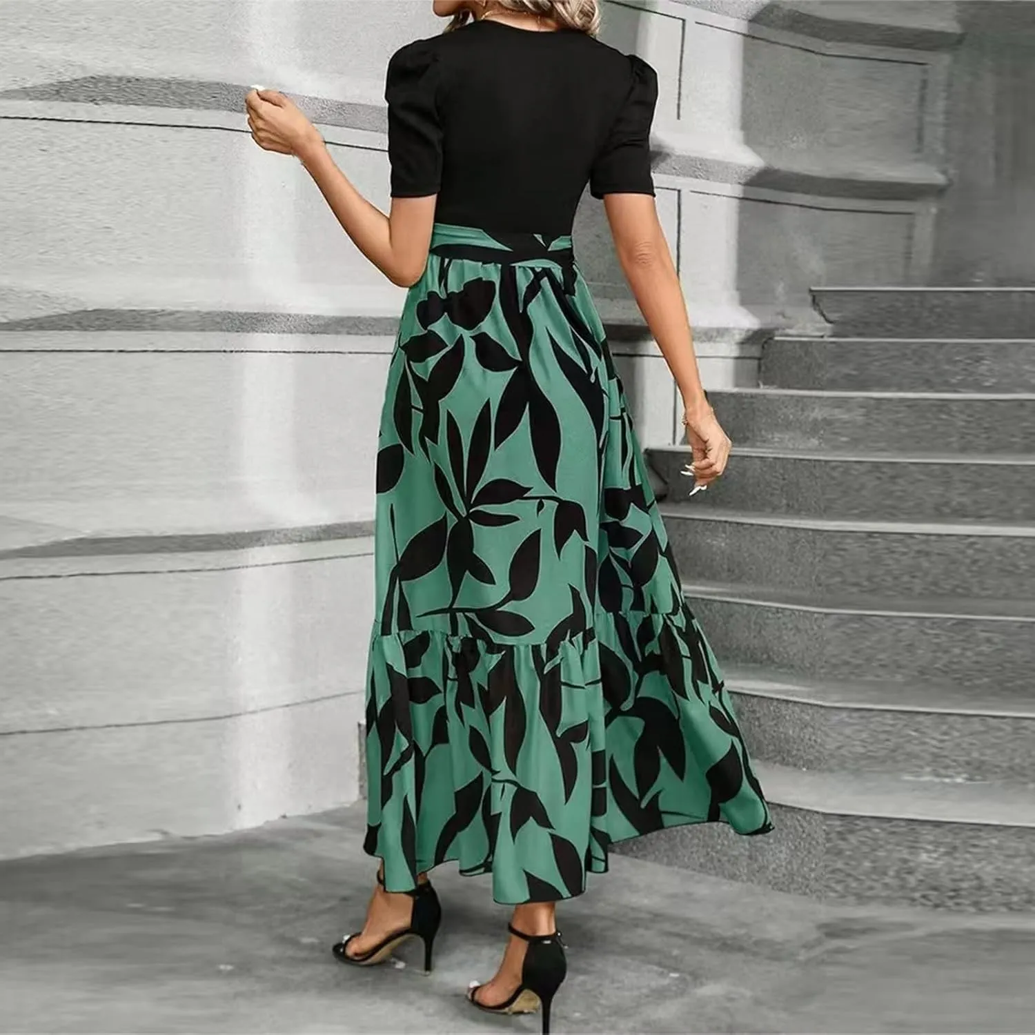 Floral Dress for Women Summer Puff Sleeve Patchwork Empire Waist Maxi Dresses Graduation Belt Crewneck Boho Sundress