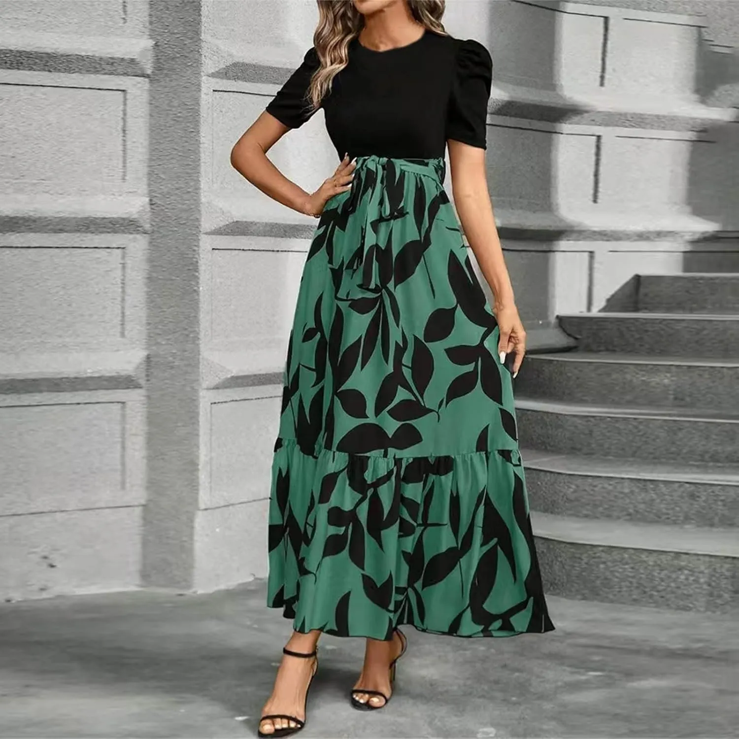 Floral Dress for Women Summer Puff Sleeve Patchwork Empire Waist Maxi Dresses Graduation Belt Crewneck Boho Sundress