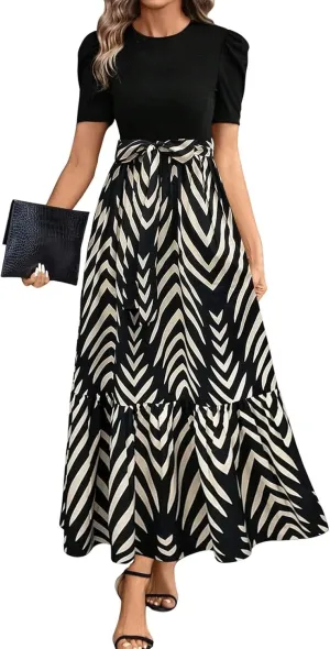 Floral Dress for Women Summer Puff Sleeve Patchwork Empire Waist Maxi Dresses Graduation Belt Crewneck Boho Sundress