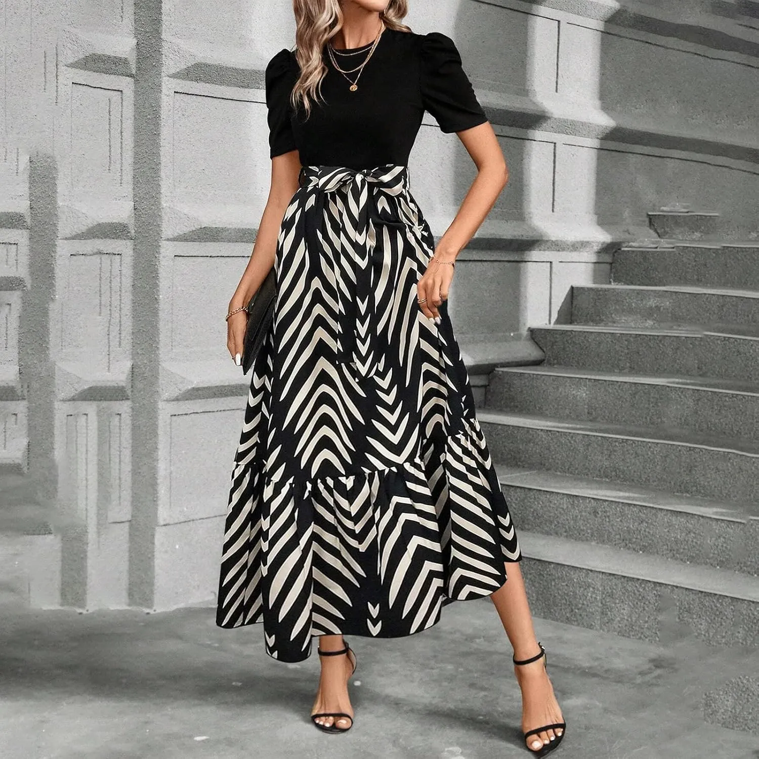 Floral Dress for Women Summer Puff Sleeve Patchwork Empire Waist Maxi Dresses Graduation Belt Crewneck Boho Sundress