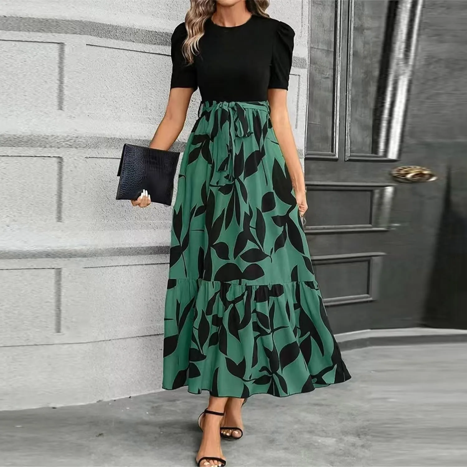 Floral Dress for Women Summer Puff Sleeve Patchwork Empire Waist Maxi Dresses Graduation Belt Crewneck Boho Sundress