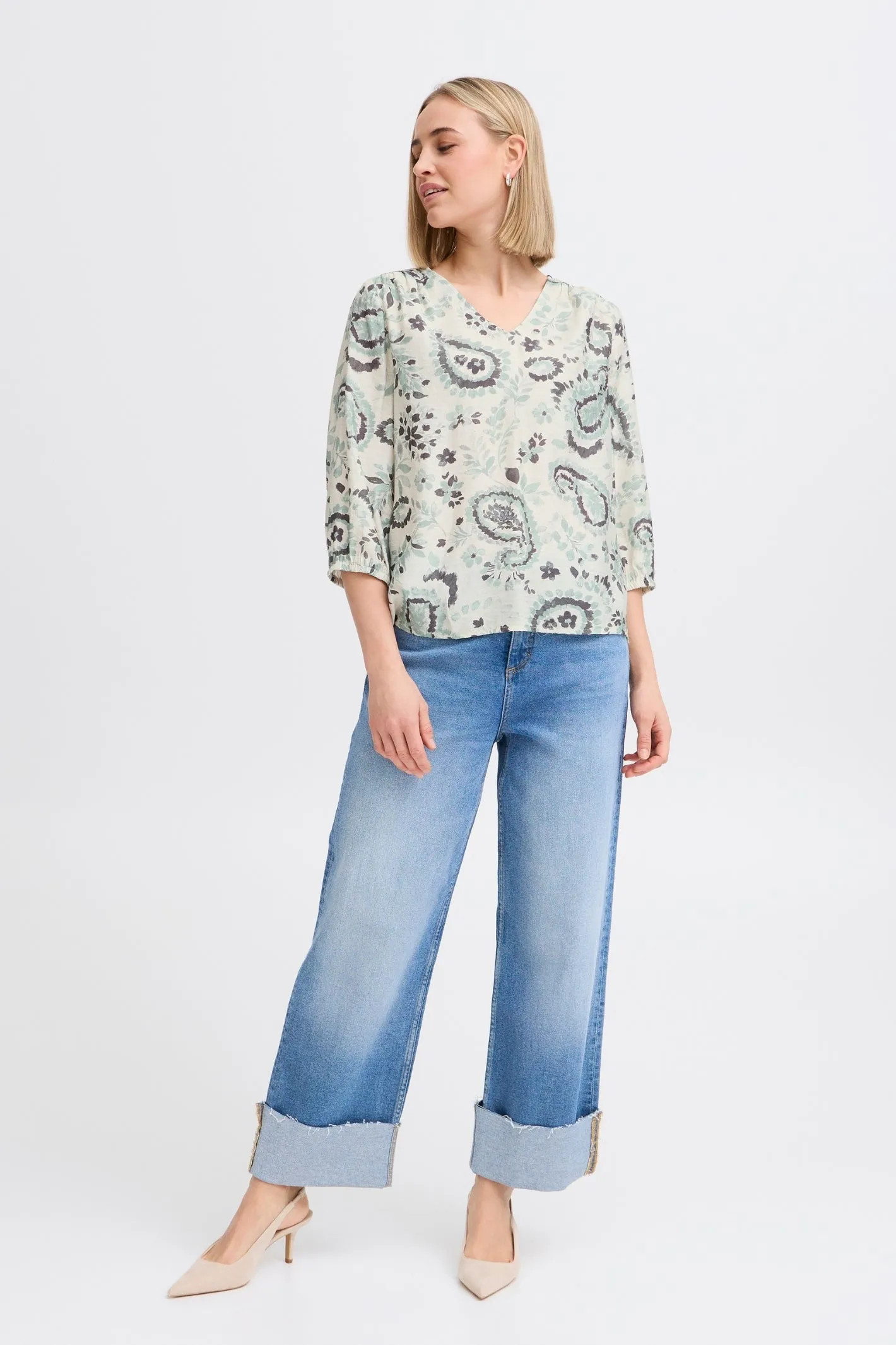 Fransa 20615424 Frariana Frosty Green Patterned Blouse