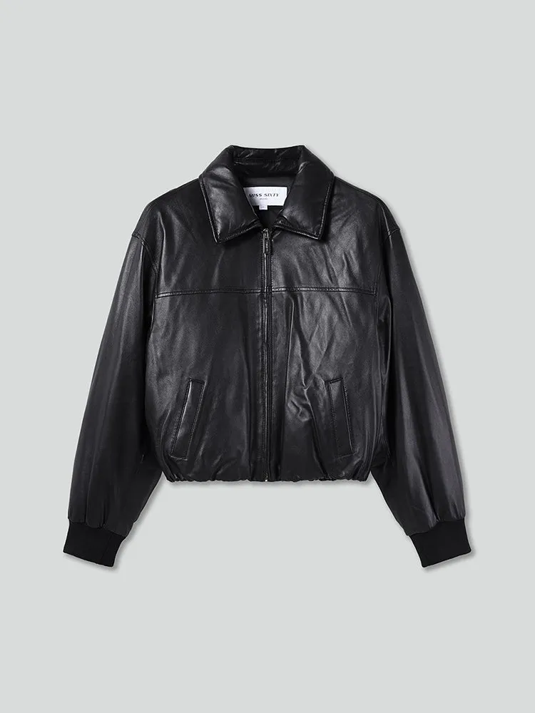Funnel Neck Leather Bomber Jacket