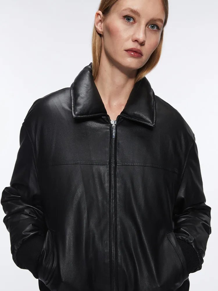 Funnel Neck Leather Bomber Jacket