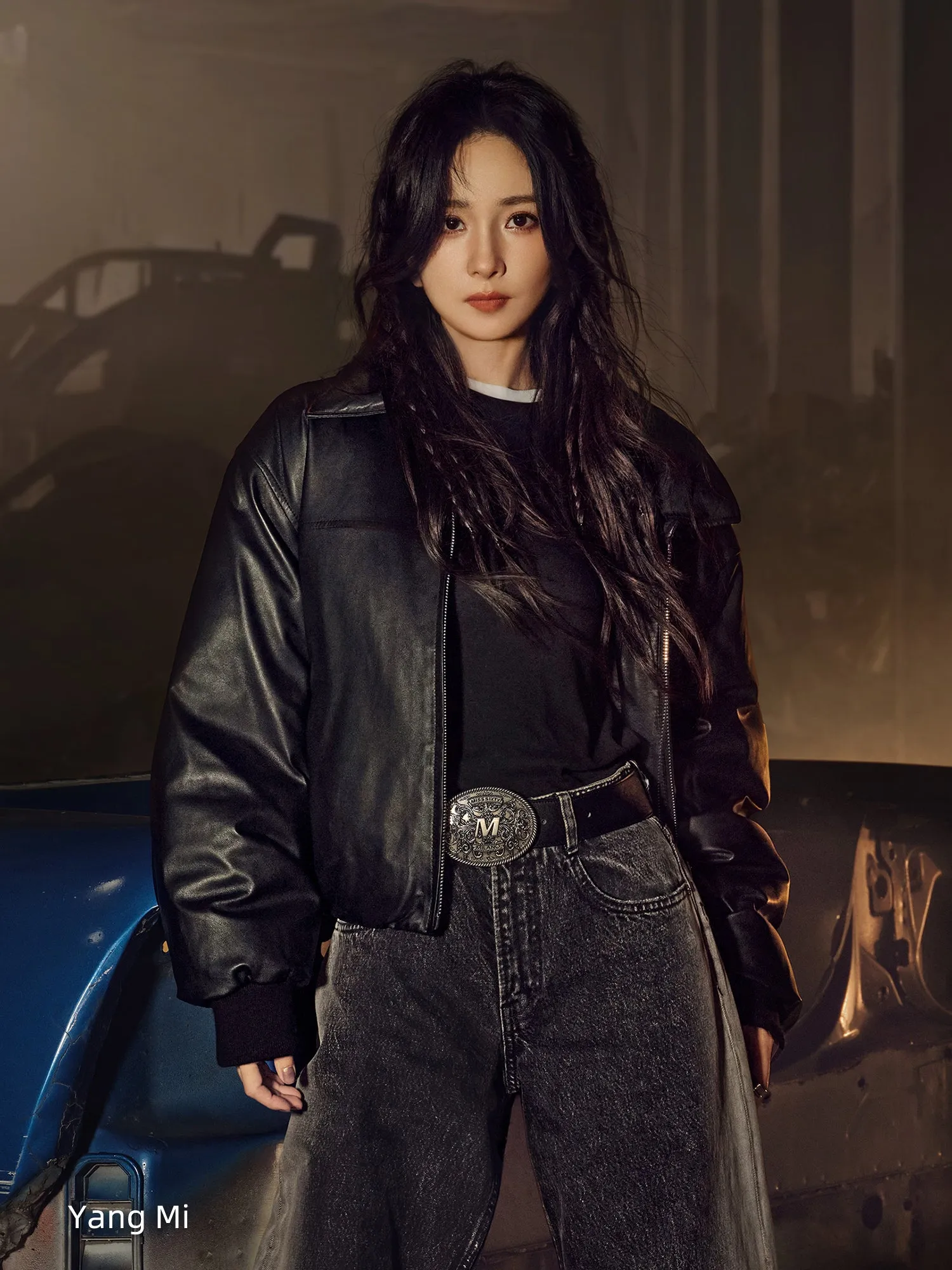 Funnel Neck Leather Bomber Jacket