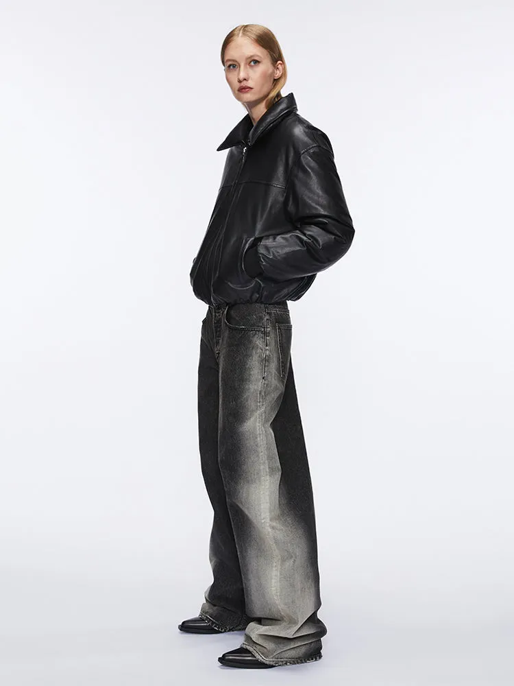 Funnel Neck Leather Bomber Jacket