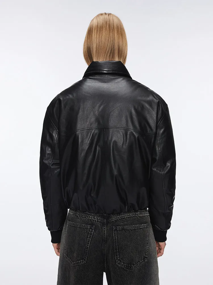 Funnel Neck Leather Bomber Jacket
