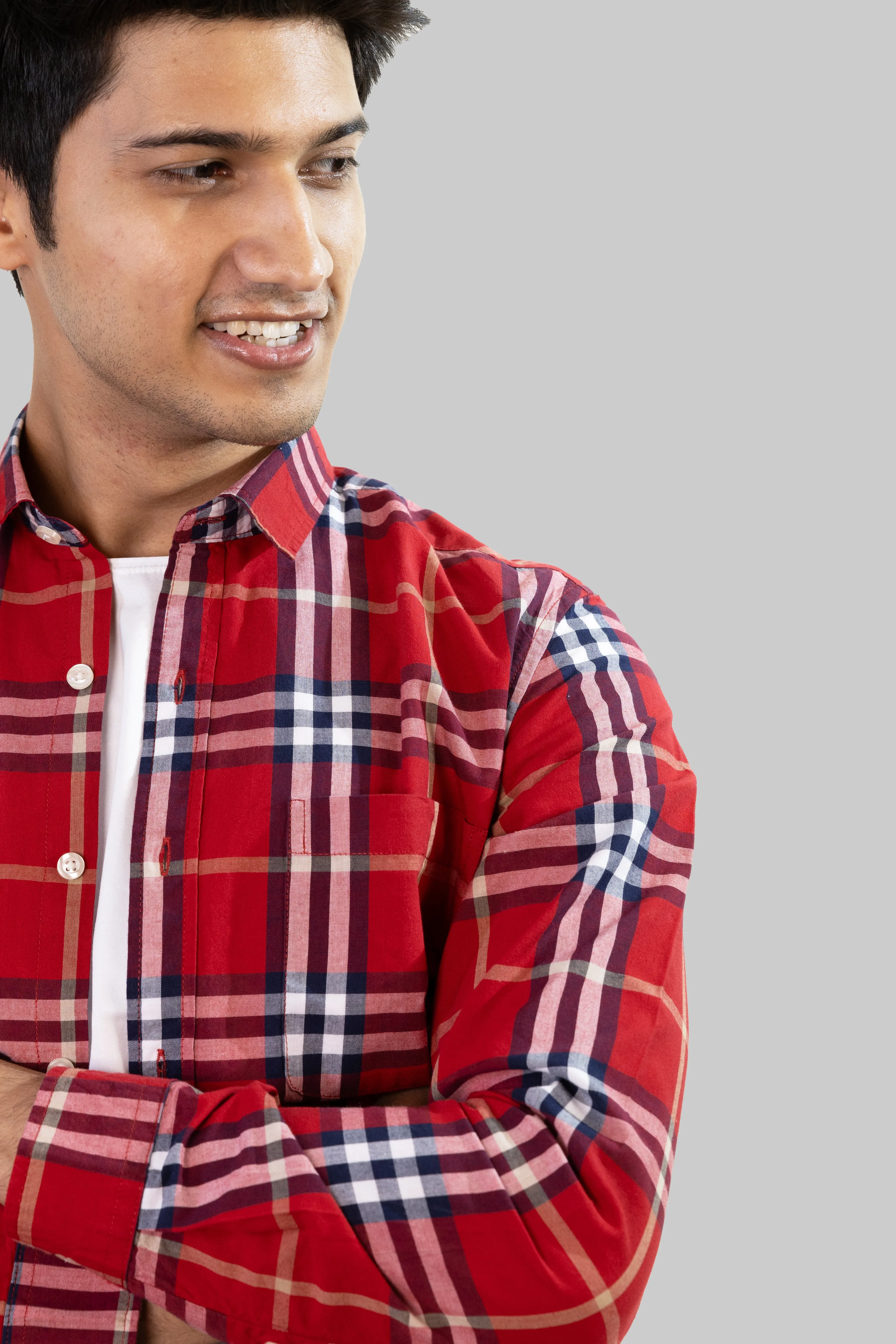 Gridline Checkered Shirt - Bright Red