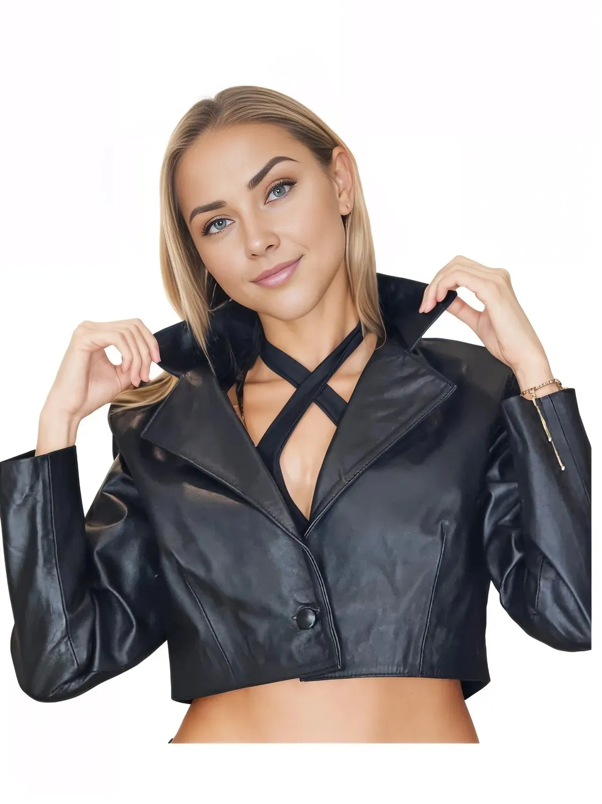 Handcrafted Women's Sheepskin Leather Biker Jacket – Cropped Black