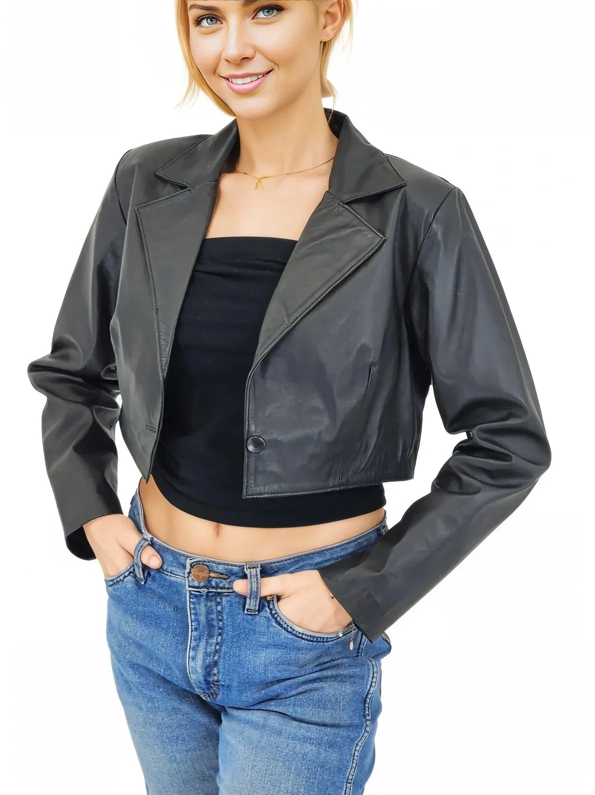 Handcrafted Women's Sheepskin Leather Biker Jacket – Cropped Black