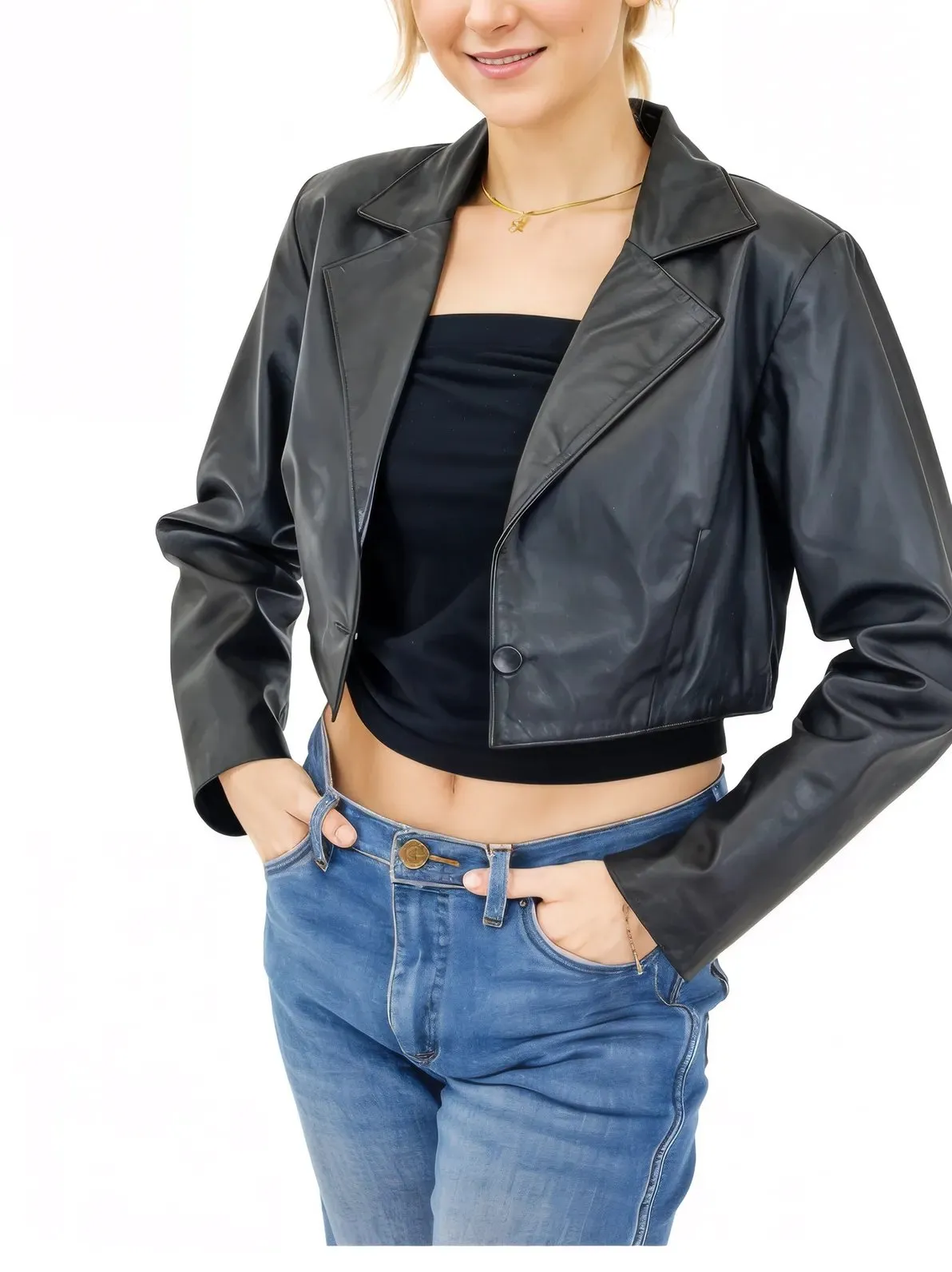 Handcrafted Women's Sheepskin Leather Biker Jacket – Cropped Black