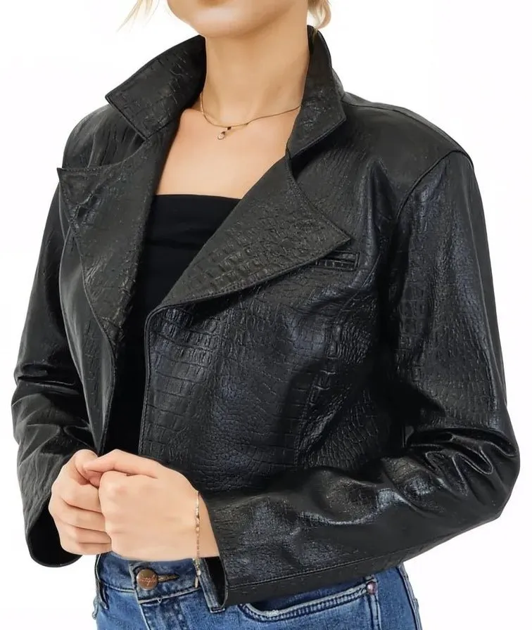 Handcrafted Women's Sheepskin Leather Jacket – Cropped Black Crocodile
