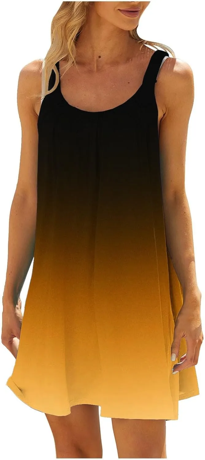 hlysgo Petite Dresses for Women Trendy Gradient Beachwear Coverup Sleeveless Crewneck Mini Dress Summer Knee Length Sundress