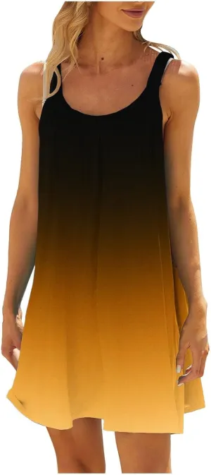 hlysgo Petite Dresses for Women Trendy Gradient Beachwear Coverup Sleeveless Crewneck Mini Dress Summer Knee Length Sundress