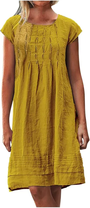 hlysgo Womens Casual Dresses 2025 Summer Loose Comfy Cotton Linen Pleated Dress Solid Short Sleeve Crew Neck Mini Dress