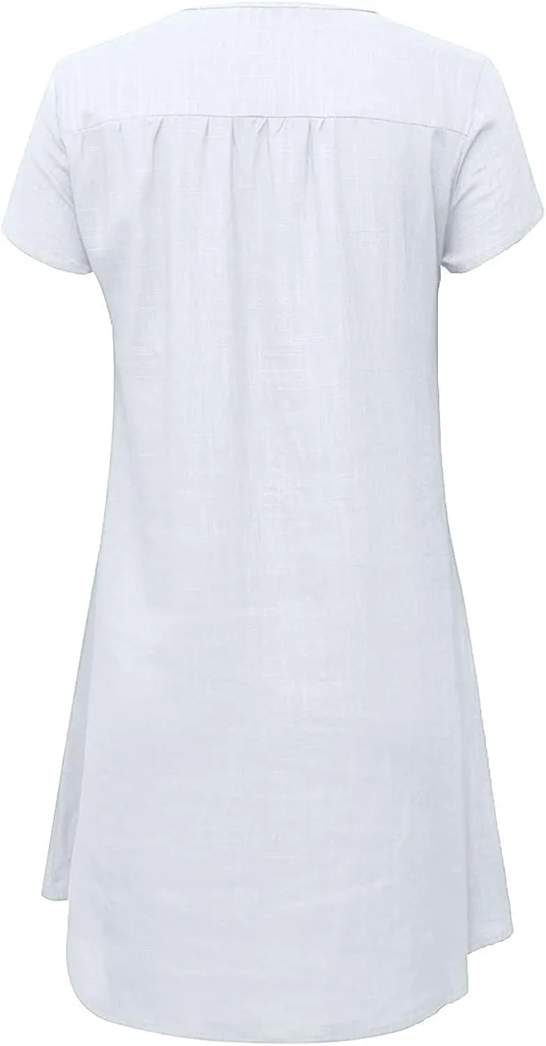 hlysgo Women's Casual Dresses Summer Loose Comfy Cotton Linen Vacation Mini Dress Plus Size Short Sleeve V Neck Beach Dress