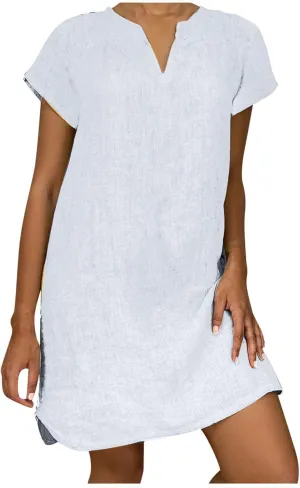 hlysgo Women's Casual Dresses Summer Loose Comfy Cotton Linen Vacation Mini Dress Plus Size Short Sleeve V Neck Beach Dress