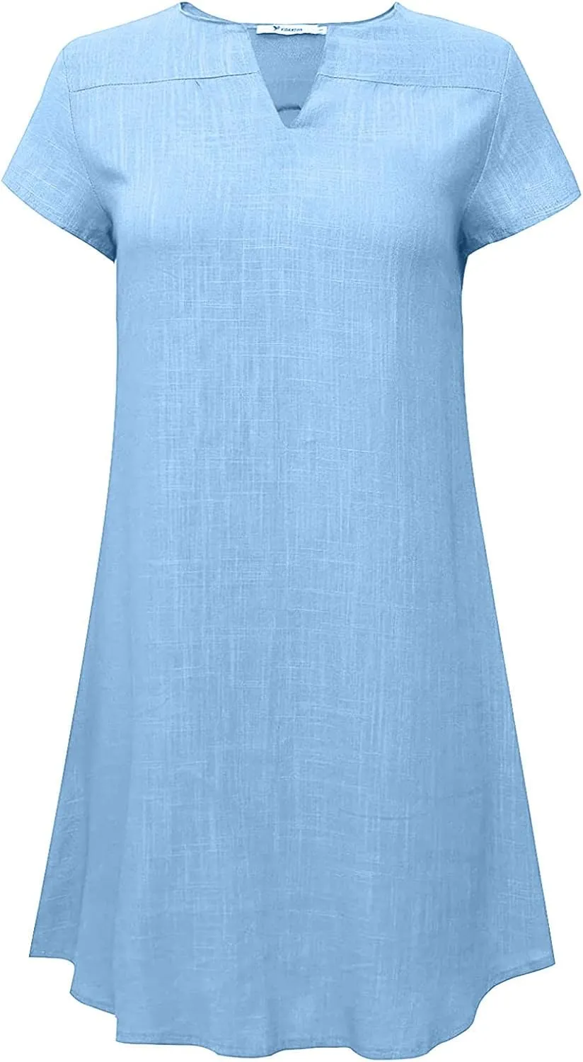 hlysgo Women's Casual Dresses Summer Loose Comfy Cotton Linen Vacation Mini Dress Plus Size Short Sleeve V Neck Beach Dress