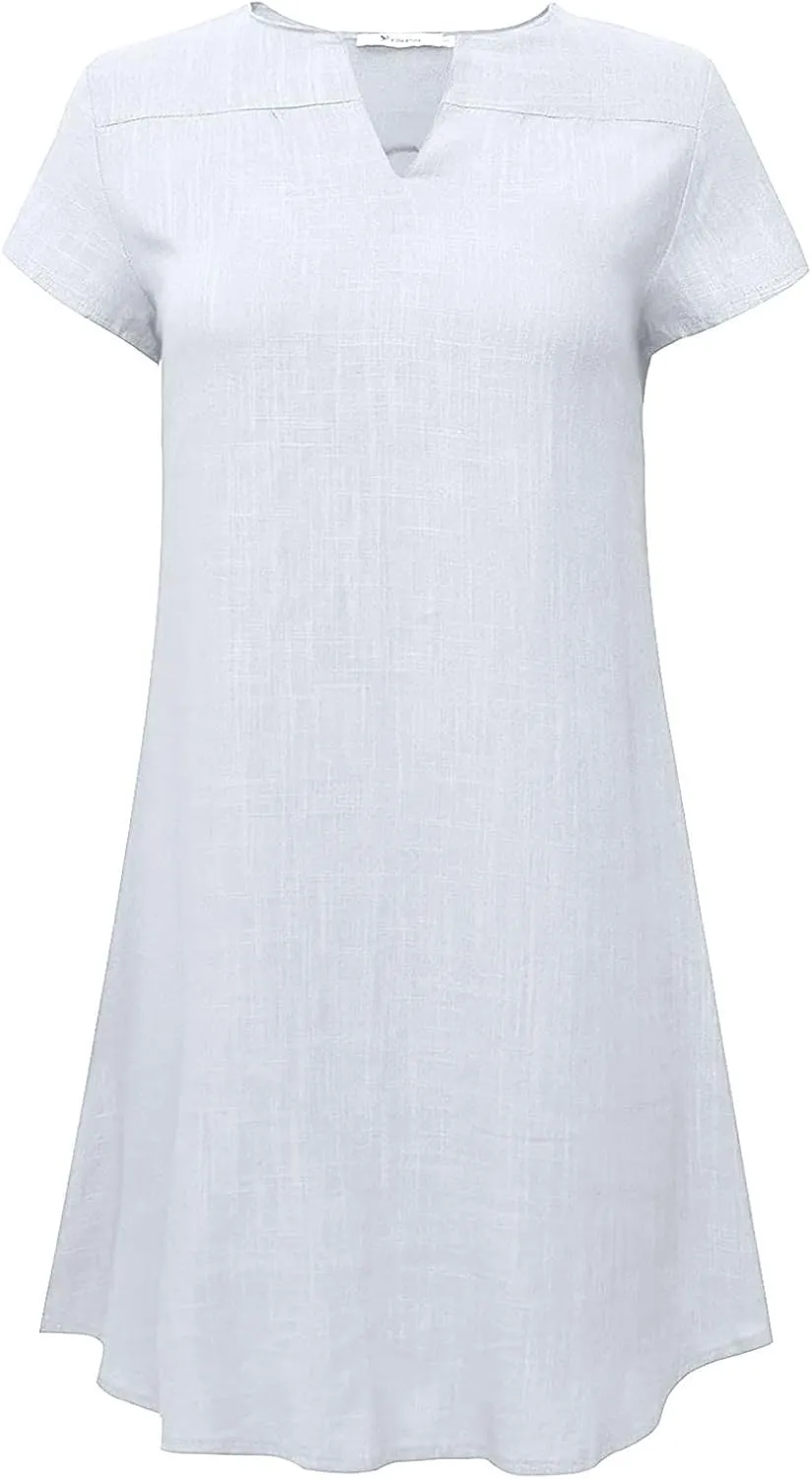 hlysgo Women's Casual Dresses Summer Loose Comfy Cotton Linen Vacation Mini Dress Plus Size Short Sleeve V Neck Beach Dress