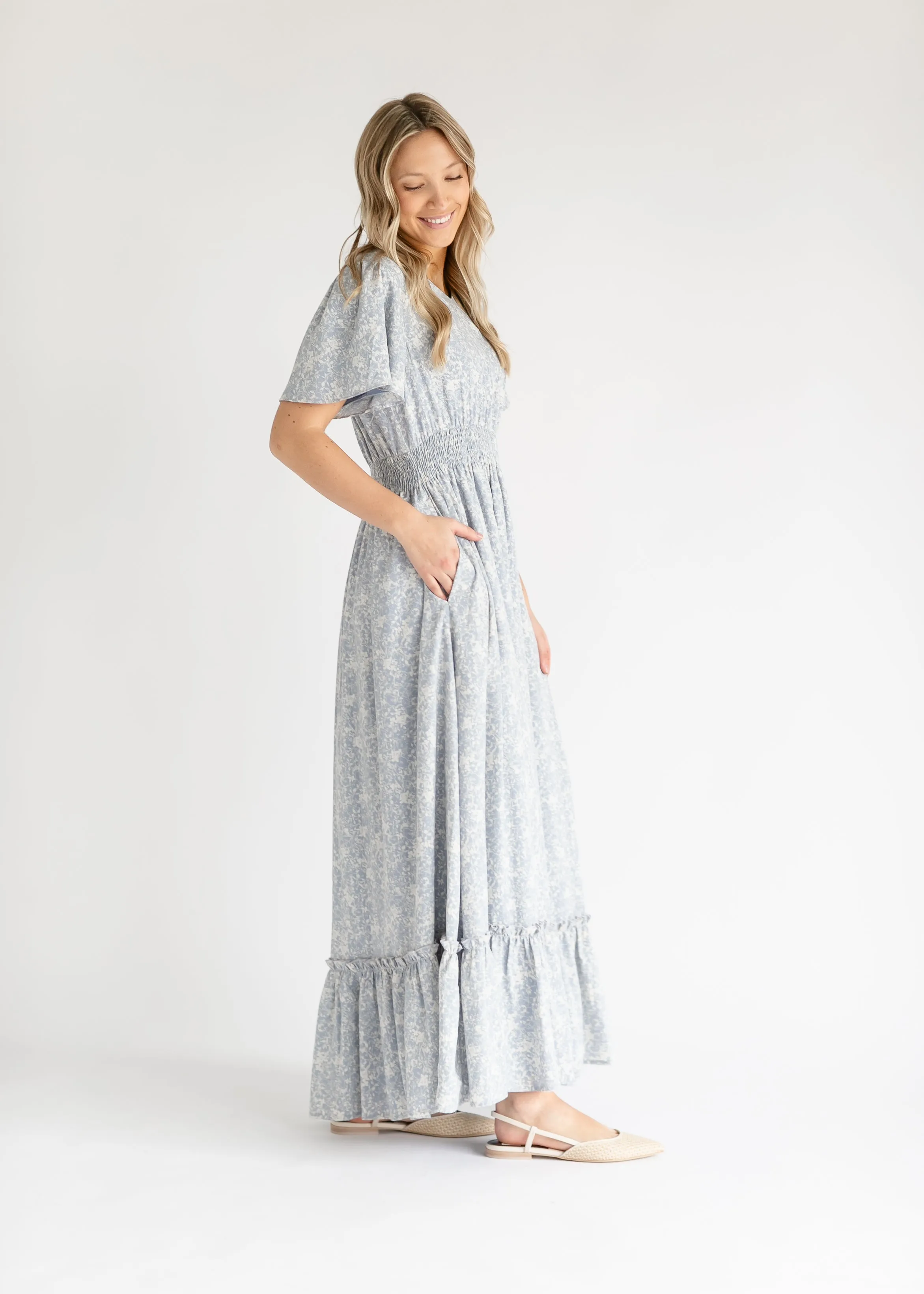 Isabella V Neck Flutter Sleeve Floral Maxi Dress - FINAL SALE