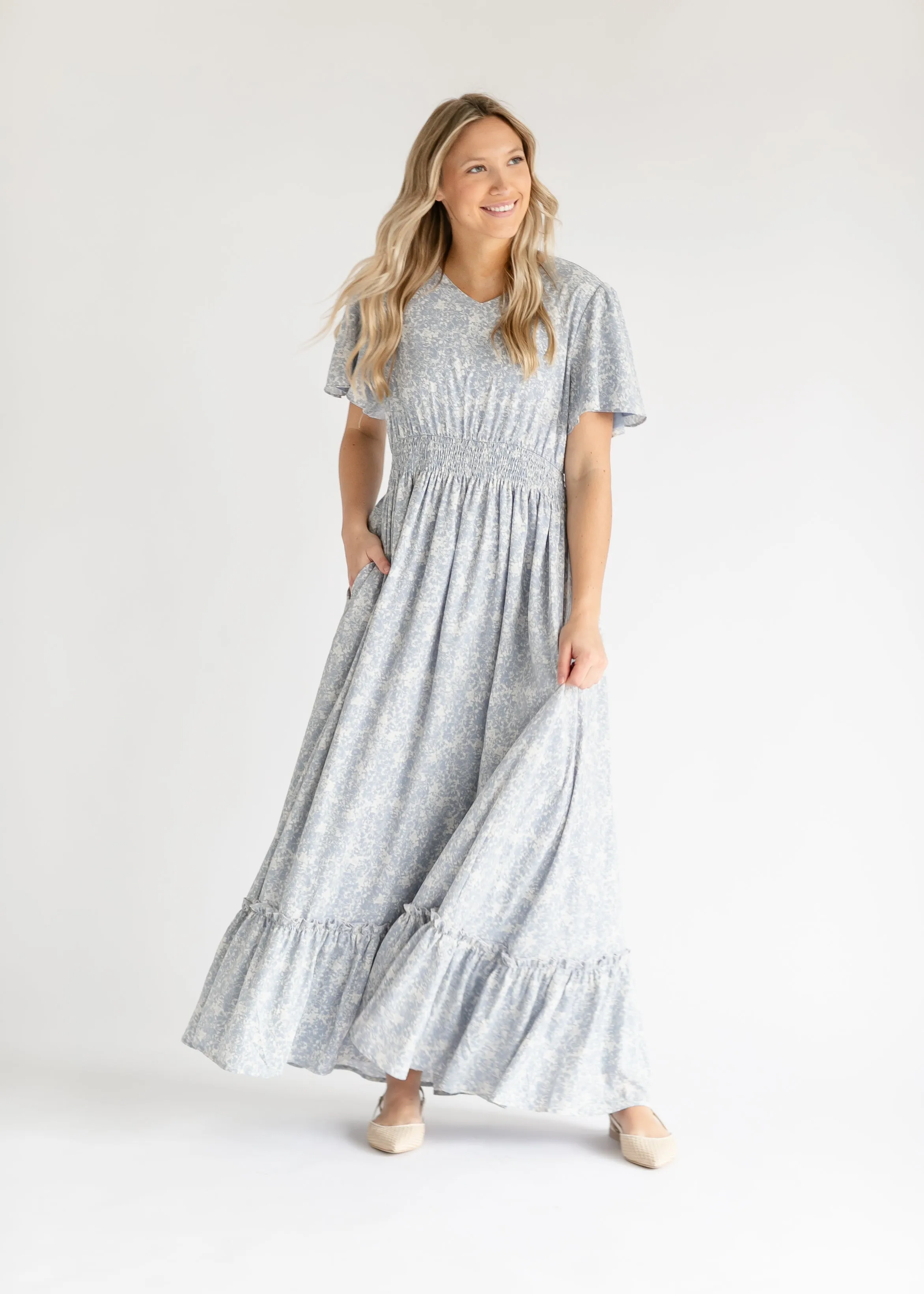 Isabella V Neck Flutter Sleeve Floral Maxi Dress - FINAL SALE