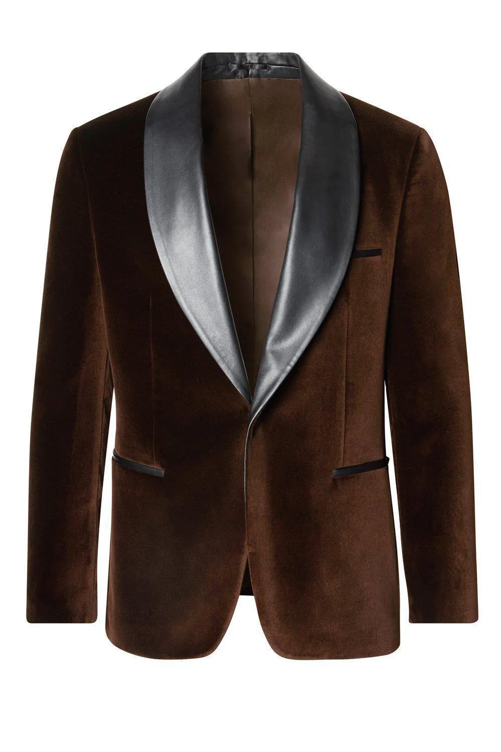 Italian Velvet Leather Shawl Lapel Tuxedo Jacket - Brown
