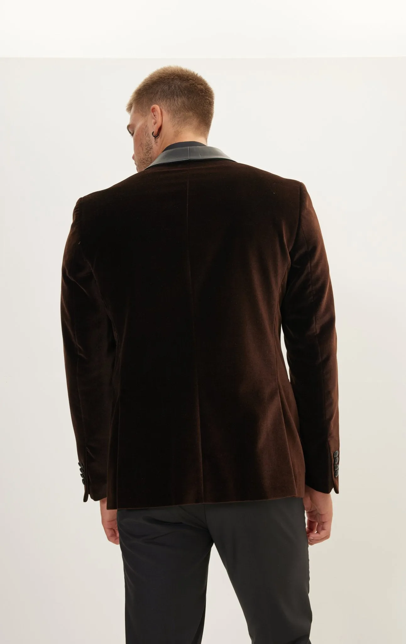 Italian Velvet Leather Shawl Lapel Tuxedo Jacket - Brown