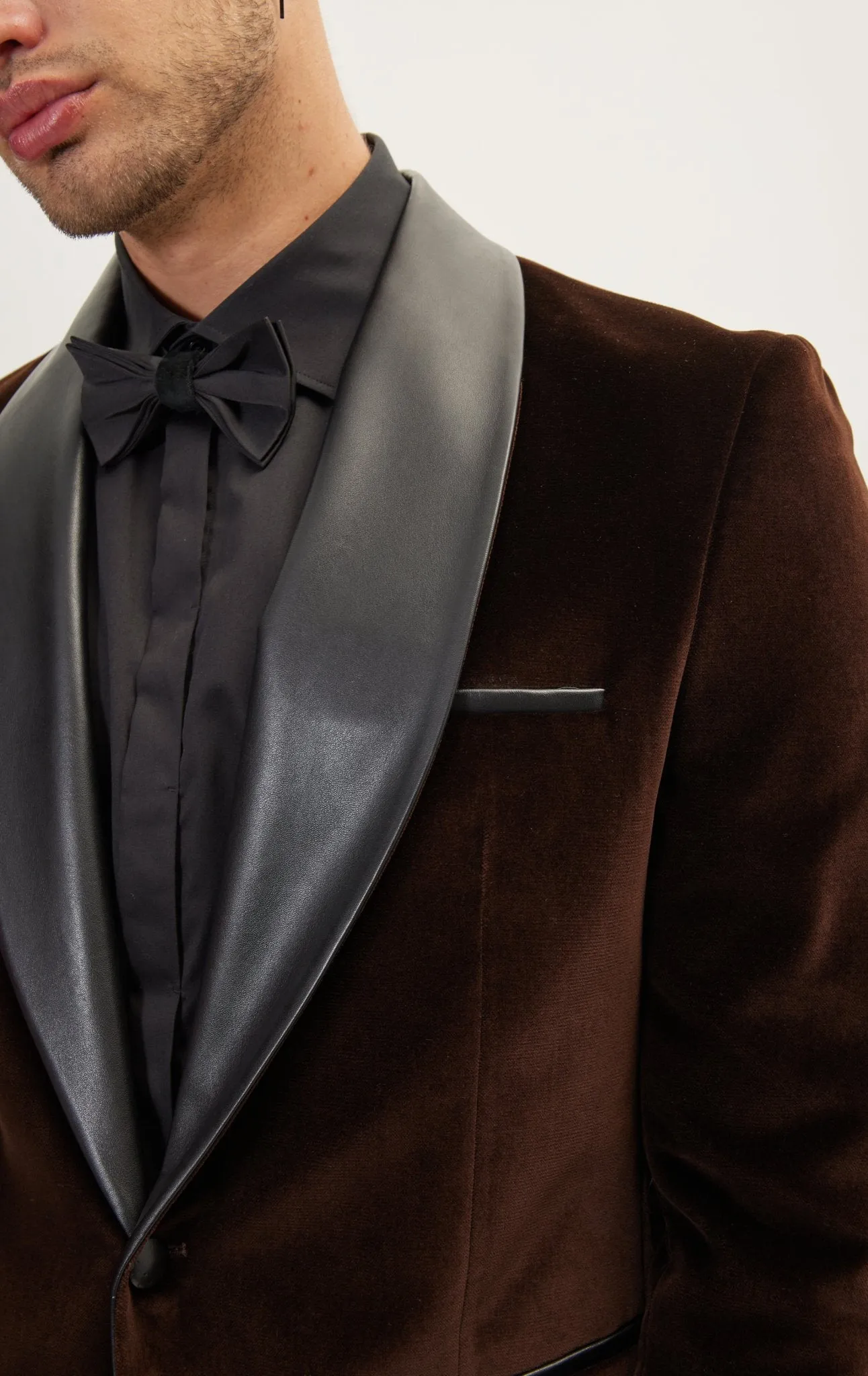 Italian Velvet Leather Shawl Lapel Tuxedo Jacket - Brown