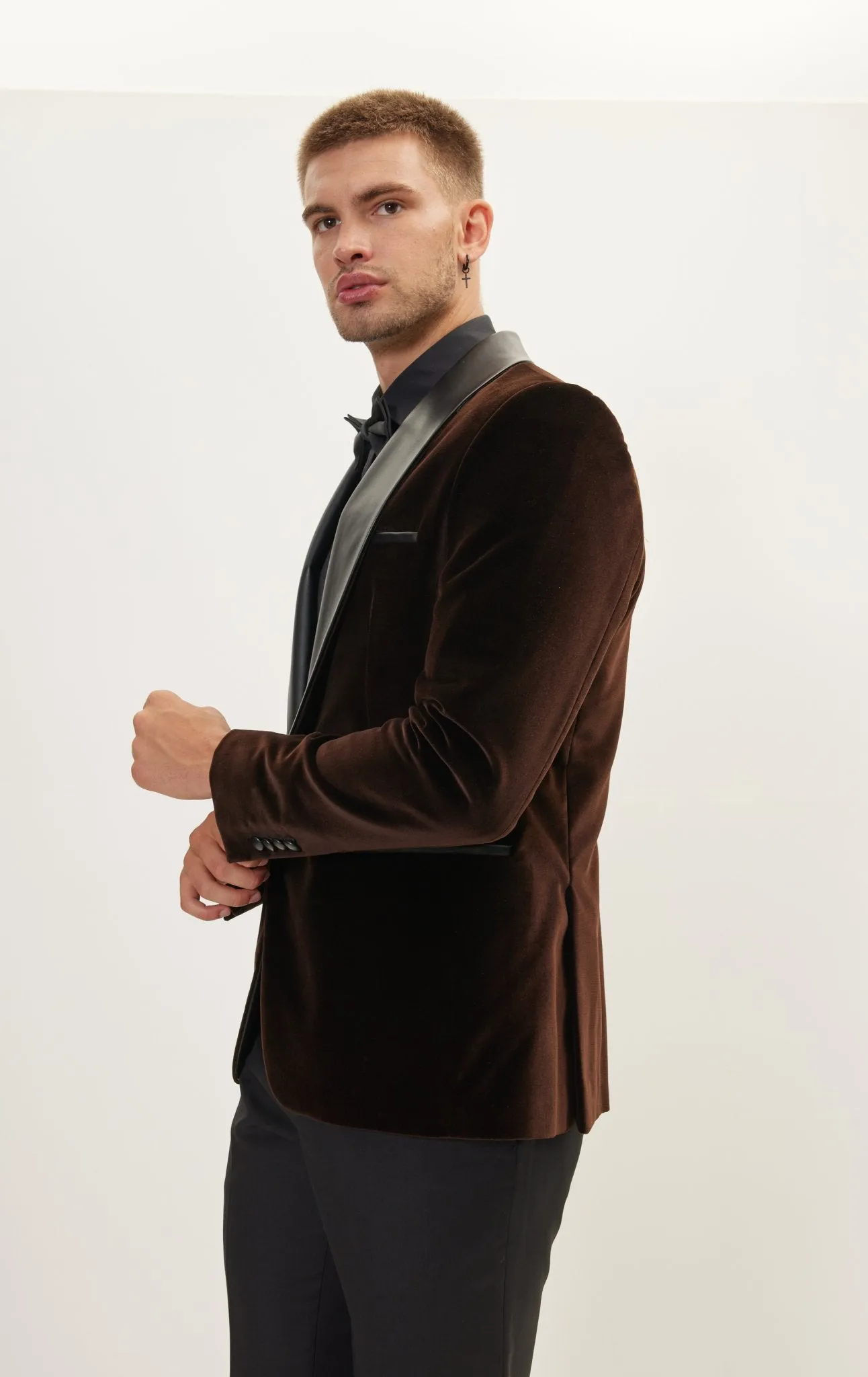 Italian Velvet Leather Shawl Lapel Tuxedo Jacket - Brown