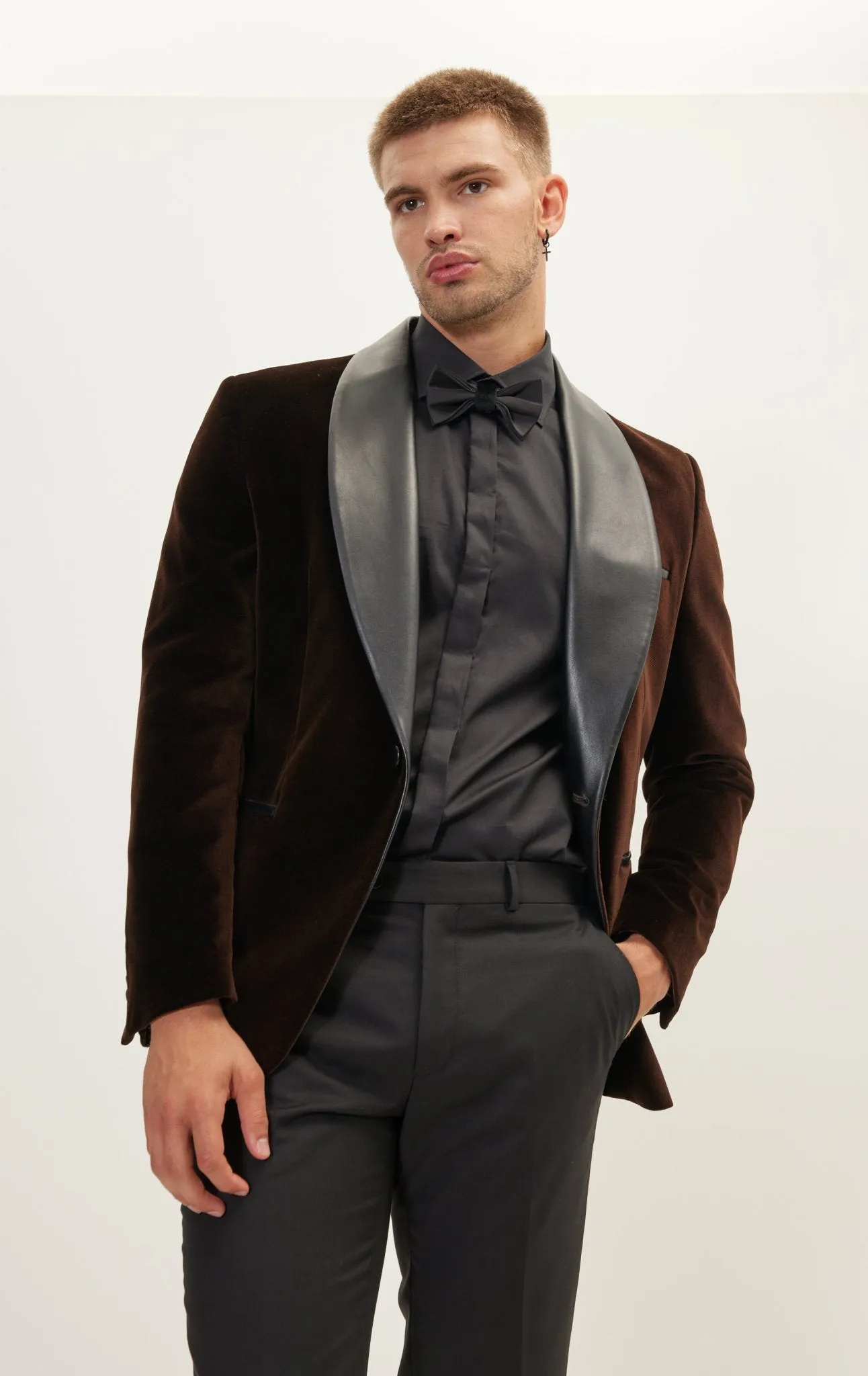 Italian Velvet Leather Shawl Lapel Tuxedo Jacket - Brown