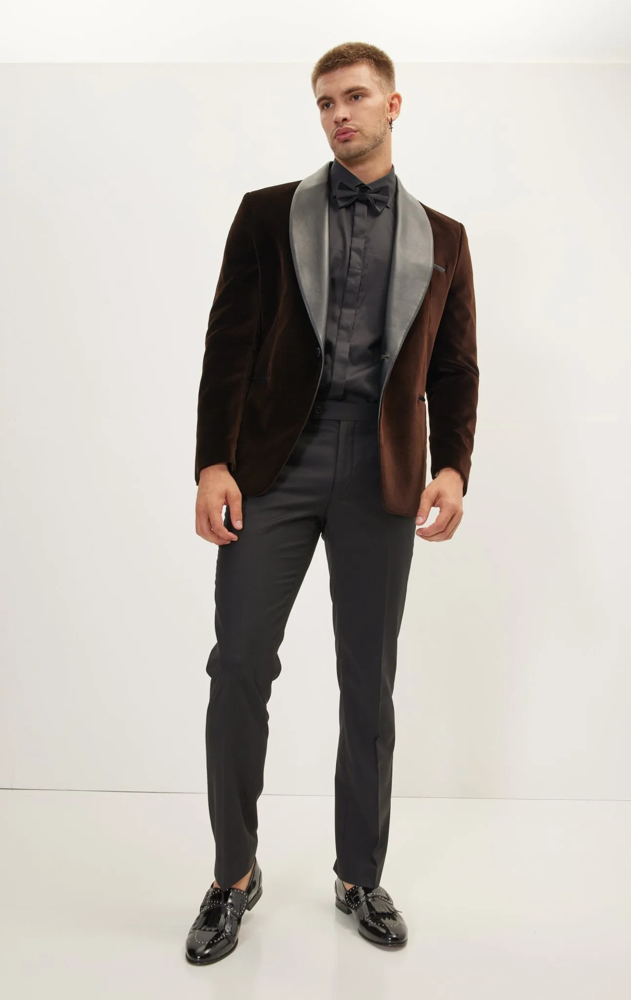Italian Velvet Leather Shawl Lapel Tuxedo Jacket - Brown