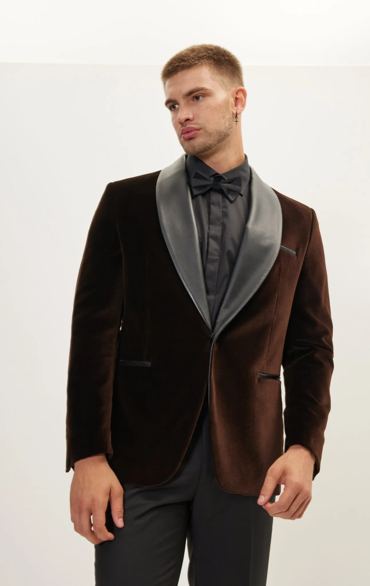 Italian Velvet Leather Shawl Lapel Tuxedo Jacket - Brown
