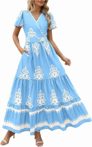 Long Dresses for Women Casual Summer 2025 Boho Floral Vacation Maxi Dress Short Sleeve Pleated Flowy Vintage Dress