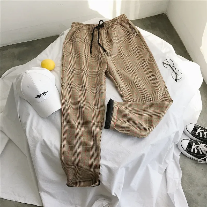 Mens Black Harajuku Plaid Pants Men Japanese Streetwear Baggy