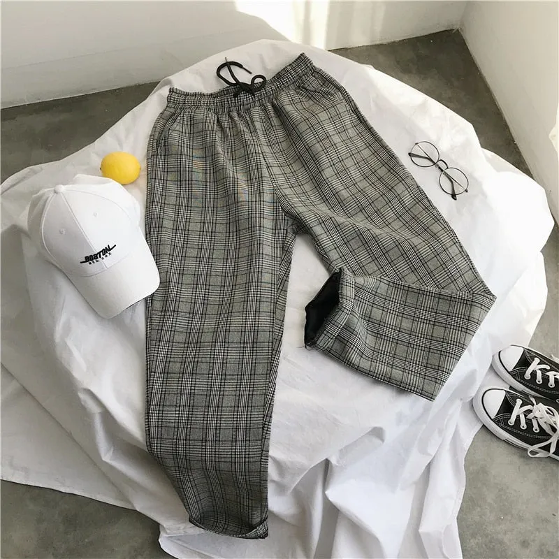 Mens Black Harajuku Plaid Pants Men Japanese Streetwear Baggy