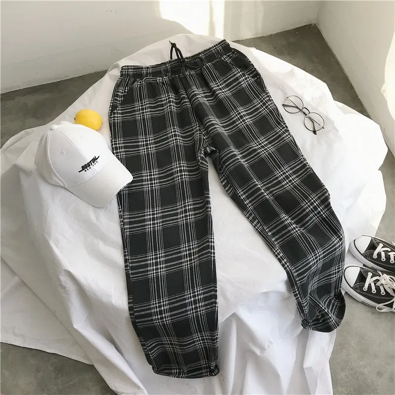 Mens Black Harajuku Plaid Pants Men Japanese Streetwear Baggy