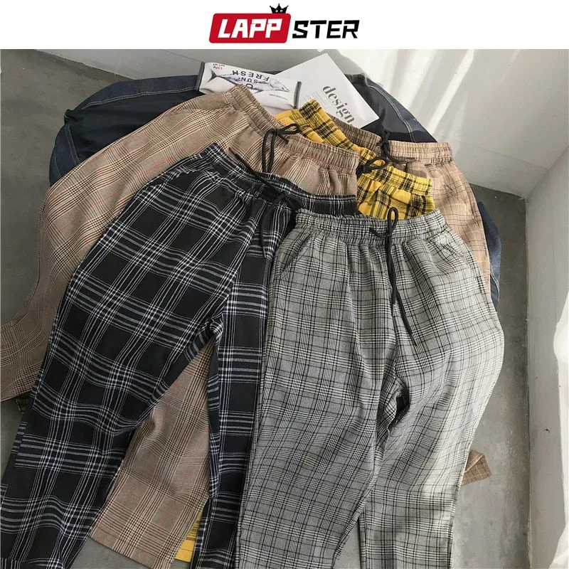 Mens Black Harajuku Plaid Pants Men Japanese Streetwear Baggy