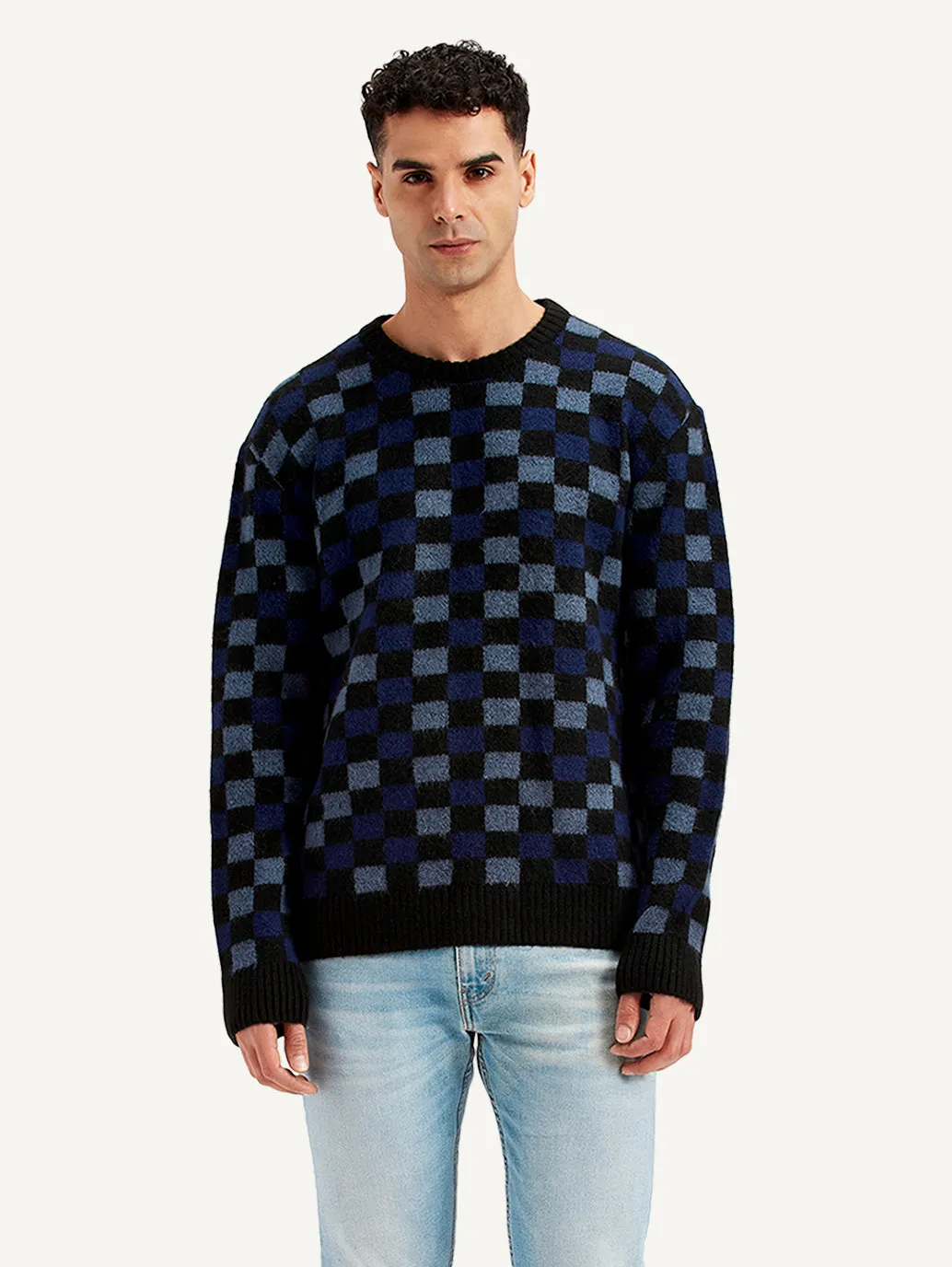 Men's Checkered Black Crew Neck Sweater