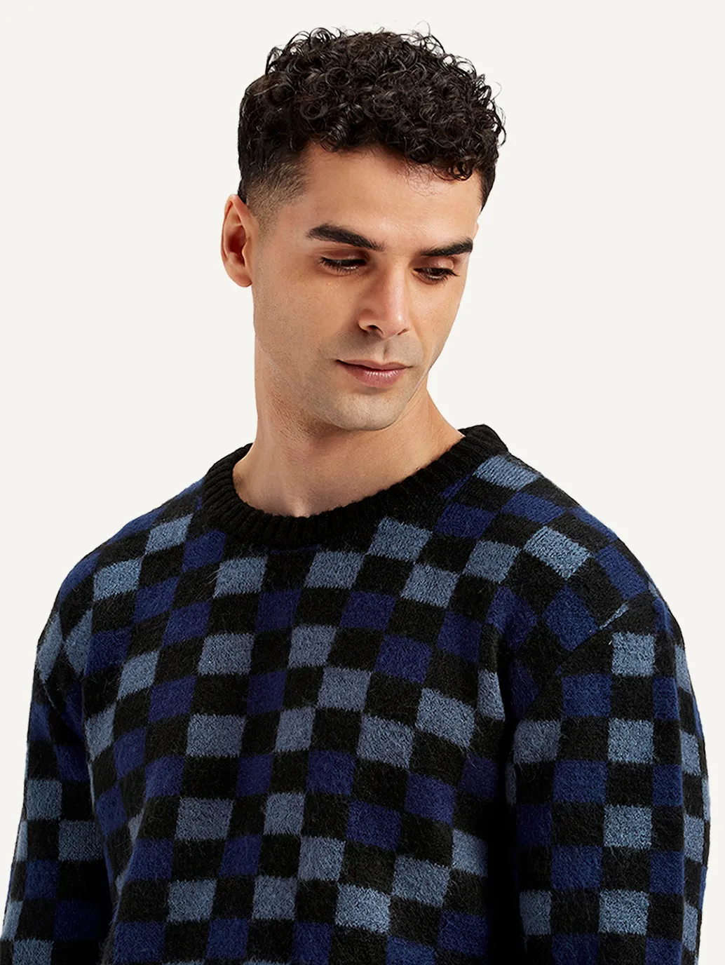 Men's Checkered Black Crew Neck Sweater