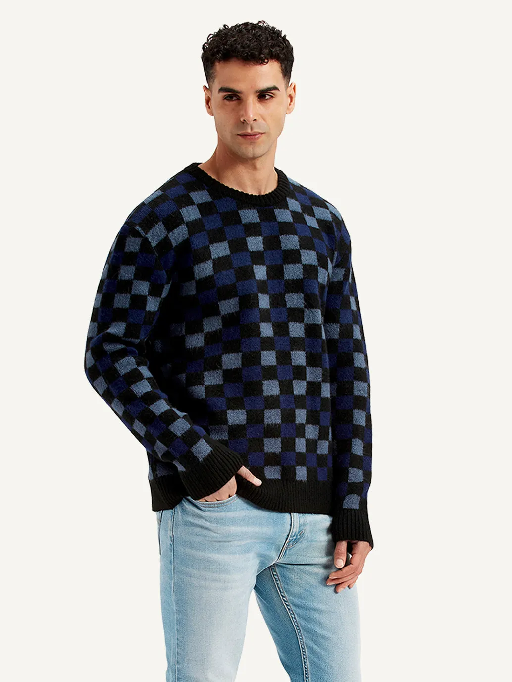 Men's Checkered Black Crew Neck Sweater