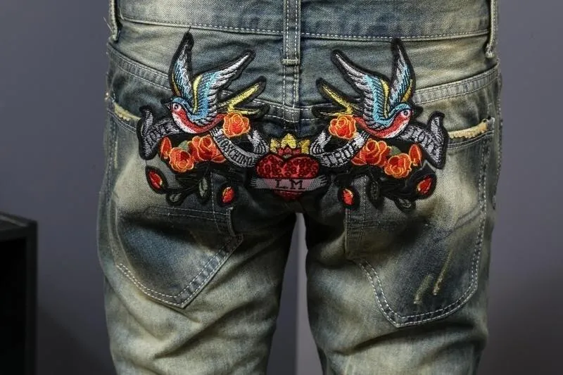 Men's Flower Embroidery Skinny Jeans