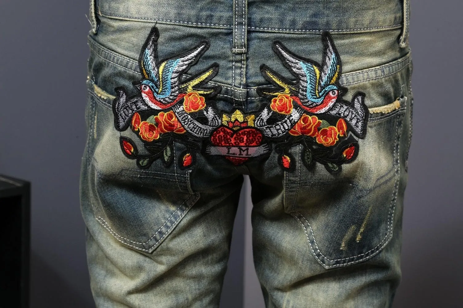 Men's Flower Embroidery Skinny Jeans