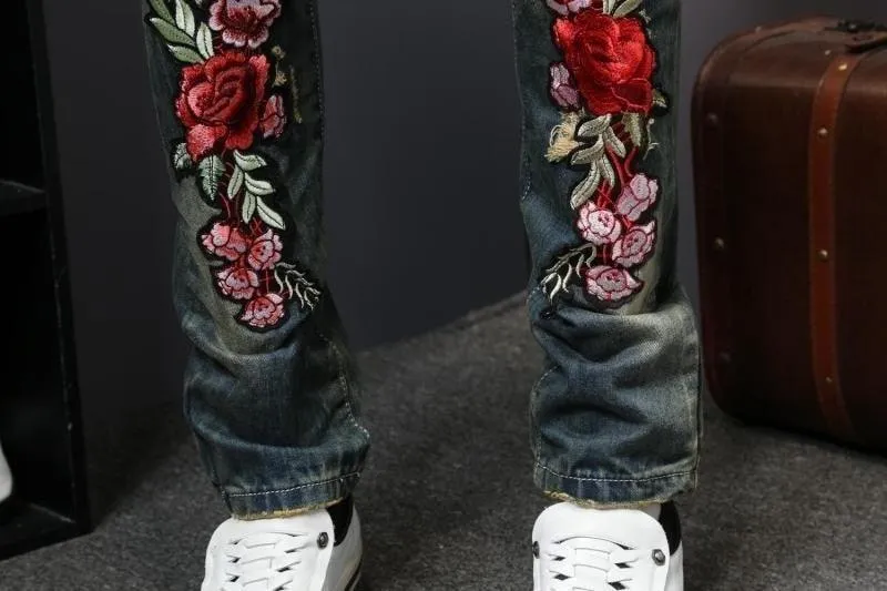 Men's Flower Embroidery Skinny Jeans
