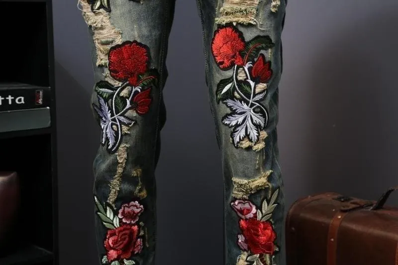 Men's Flower Embroidery Skinny Jeans